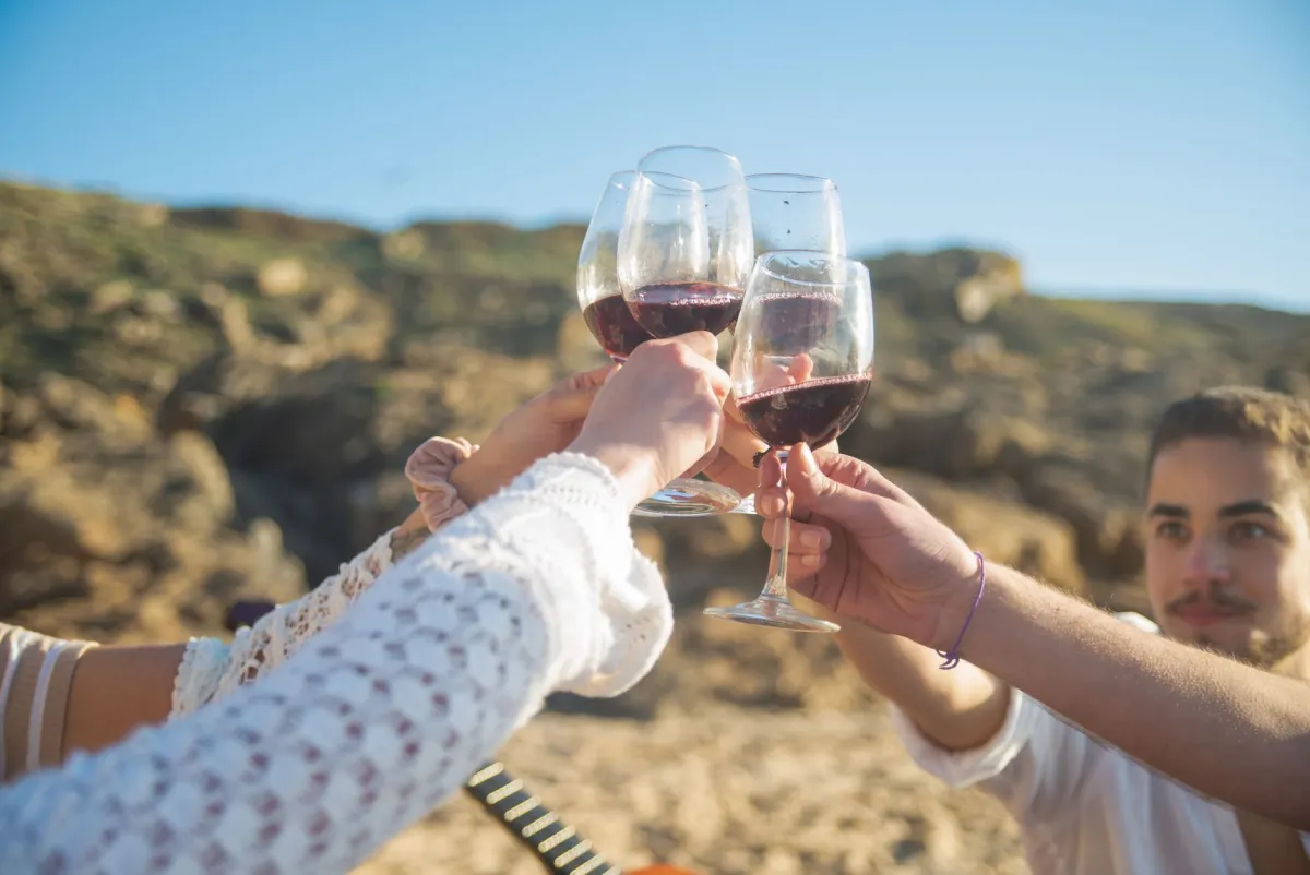 Pessoas brindando com taças de vinho tinto
