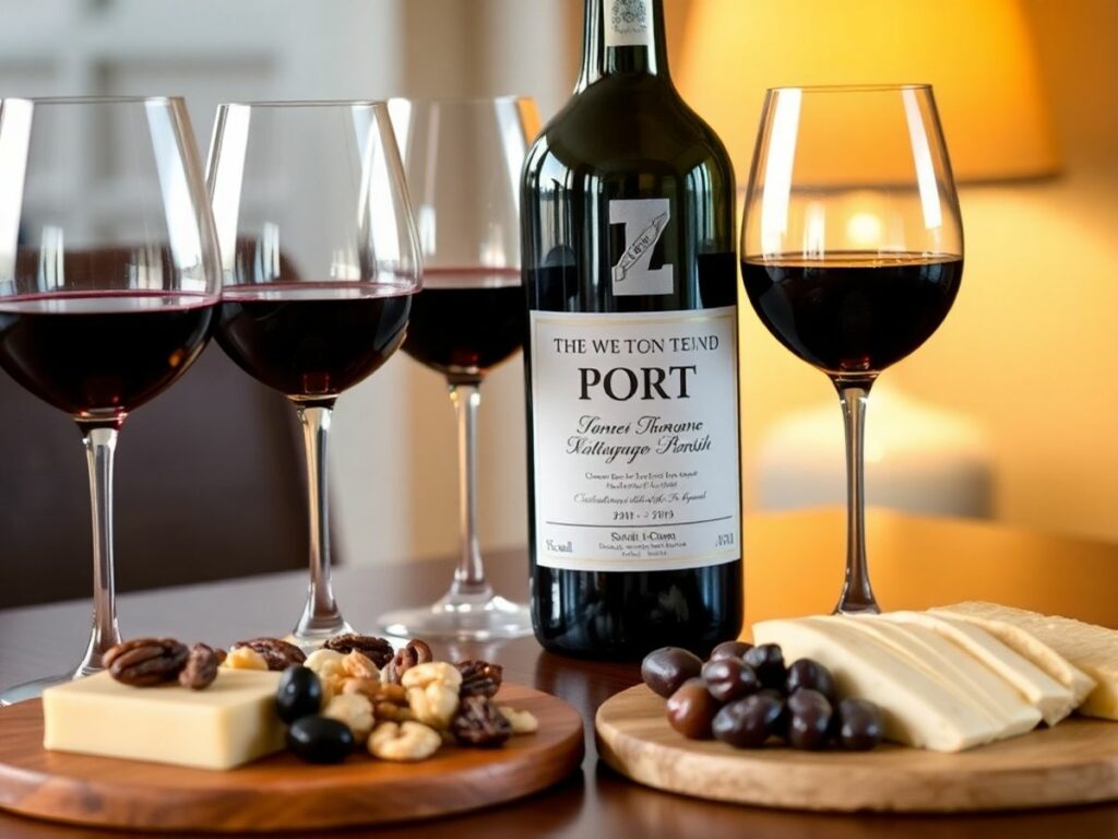 Vinho do Porto com 4 taças e alguns queijos na mesa.