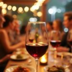 Blurred wine glass with people enjoying dinner.