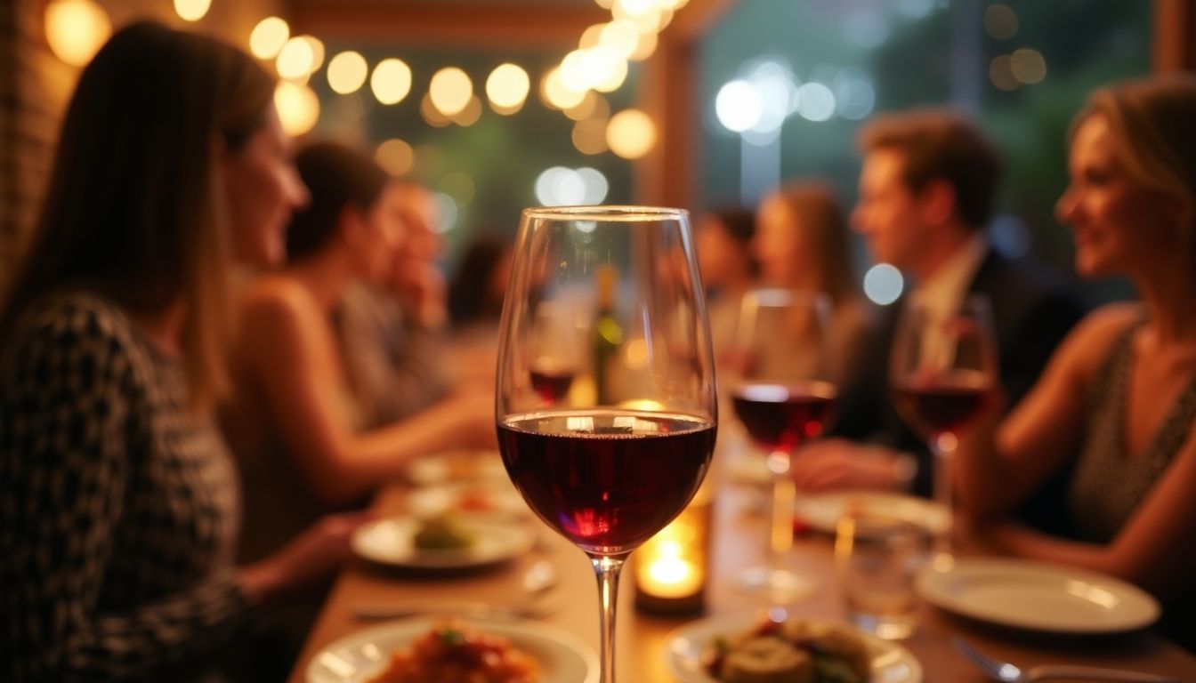 Blurred wine glass with people enjoying dinner.